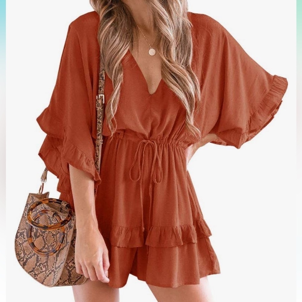 V Neck Romper With Ruffled layers and Drawstring Waisted Shorts
